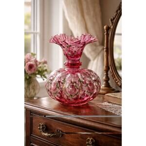 Vintage Cranberry Pink Art Glass Vase Hand Painted Roses Ruffled Rim Gilt